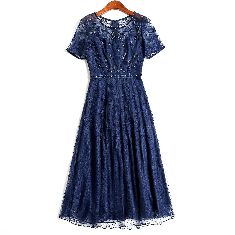 

3XL Dress Vestidos 2020 Summer Party Event Women Polka Dot Mesh Embroidery Beading Deco Short Sleeve Mid-Calf Dark Blue Dress