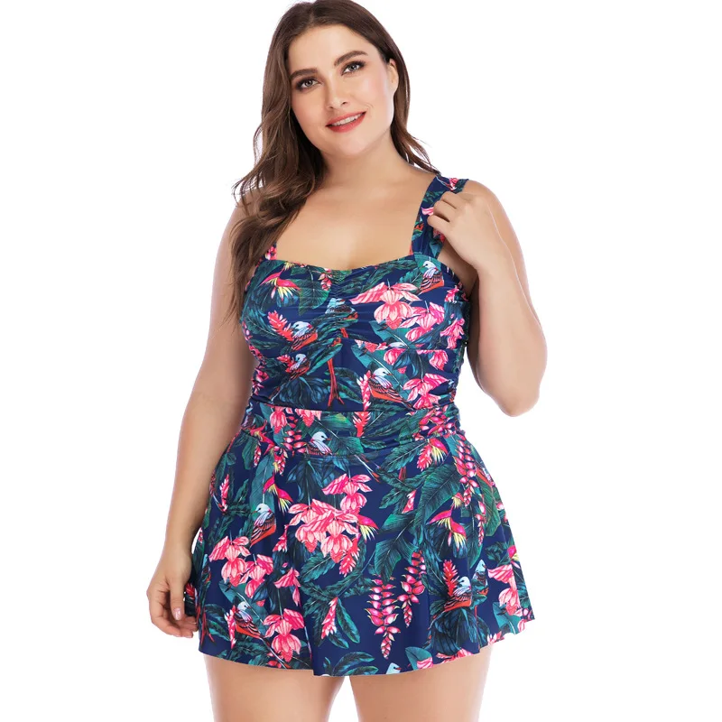 

Luren Plus Size Swimwear Conservative Retro Printed Bikini Strap Midriff Outfit Design Double Layer Anti-exposure Swimsuit Dress