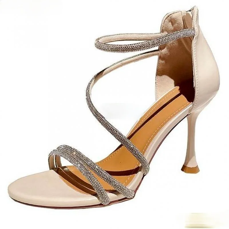 

2021 Rhinestone Gladiator Sandals Open Toe After Zip Stiletto High Heels Sandals Women Summer New Fashion Women's Sandals