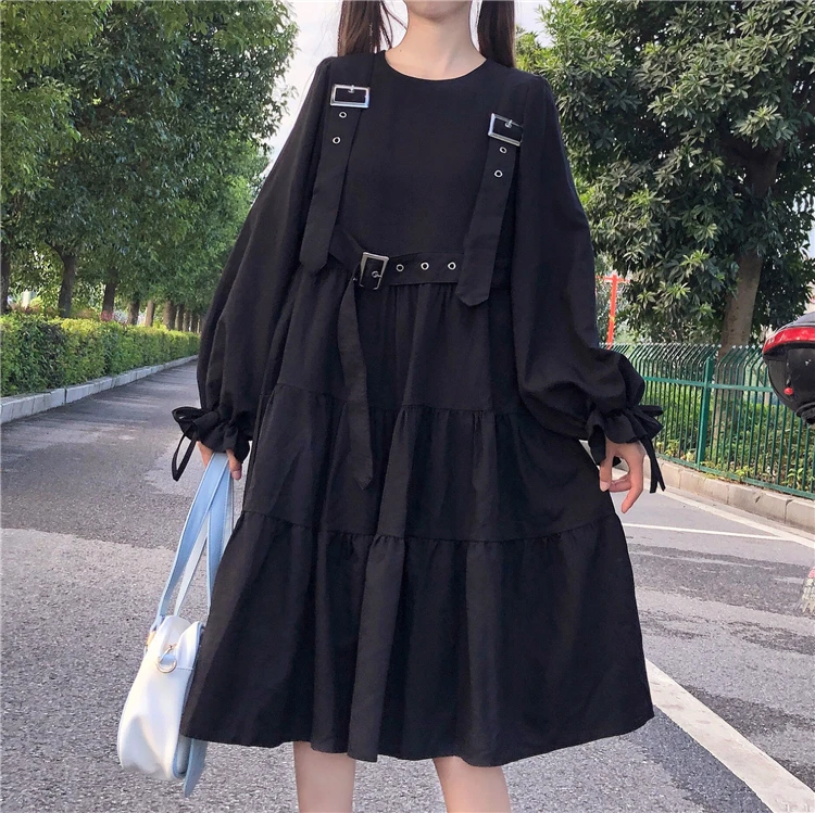 

Женское платье средней длины в стиле Харадзюку, черное Бандажное платье на бретелях в готическом стиле, винтажное длинное мешковатое плать...