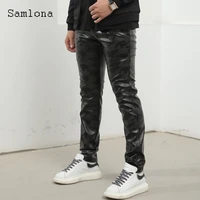 samlona plus size men pu leather pants winter fashion zipper trouser sexy black faux leather skinny pant mens streetwear 2021