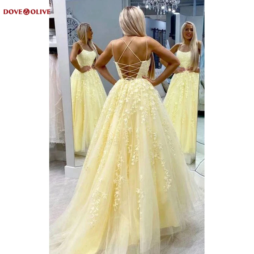 Женское длинное вечернее платье желтое Тюлевое ТРАПЕЦИЕВИДНОЕ ПЛАТЬЕ на тонких