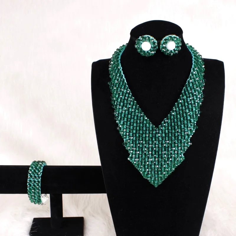 Dudo Nigerian Jewellery Set Teal Green Necklace Set With Drop Earrings and Beaded Bangle For African Traditional Weddings Bridal