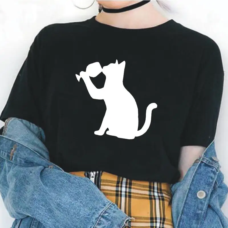 

Модная женская футболка, футболка с принтом питьевой кошки, вина, Повседневная футболка с коротким рукавом, Женская хипстерская забавная фу...