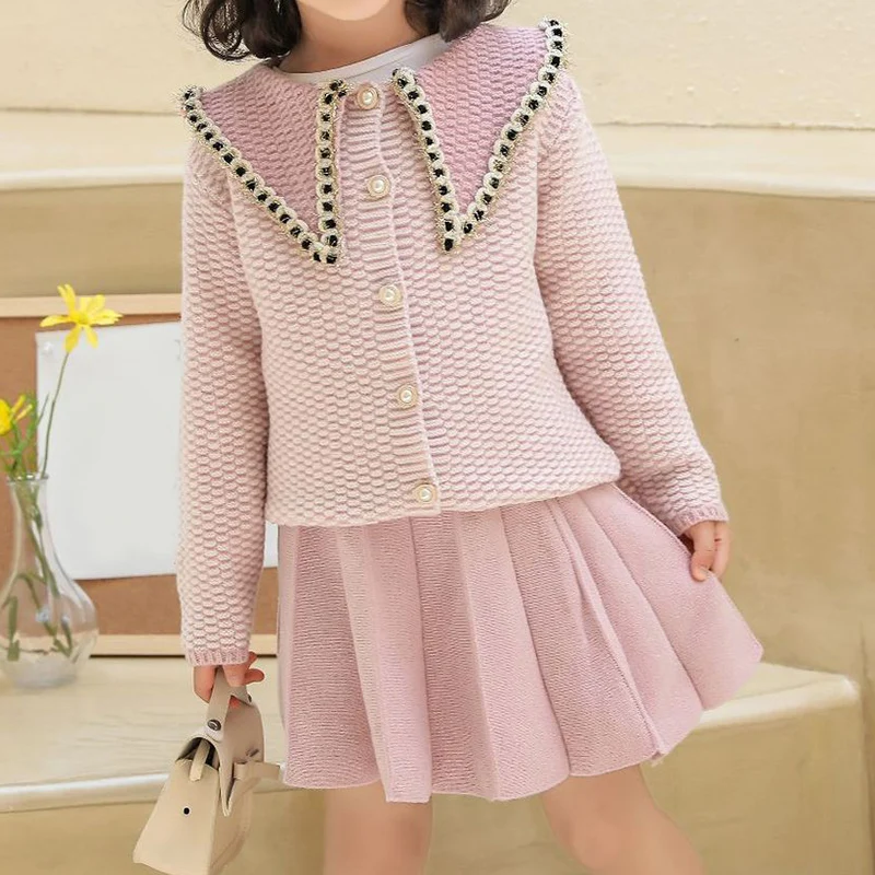 

2021 New Autumn Winter Lapel Cardigan Sweater+Skirt 2Pcs Girl Set Children Clothes Kid Clothes Clothing Sets