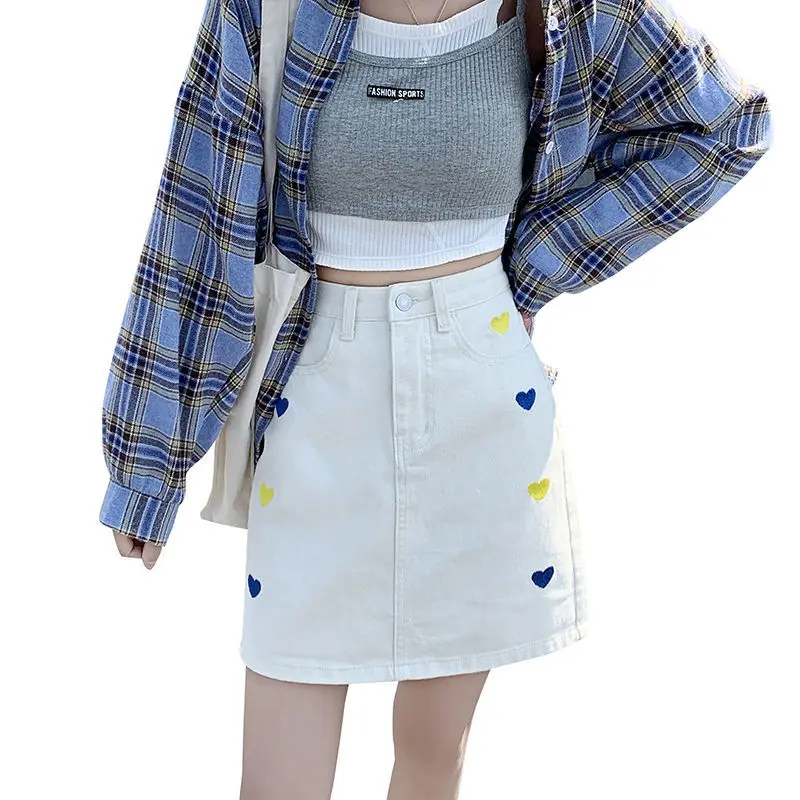 

2021 summer love embroidery AA word denim skirt high waist slim skirt versatile student Korean version
