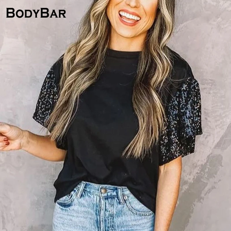 

Women Summer Hit Color Top Short-sleeved Stitching Sequine T-shirt Female Round Neck Solid Color Loose T Shirt 2021 Harajuku Tee