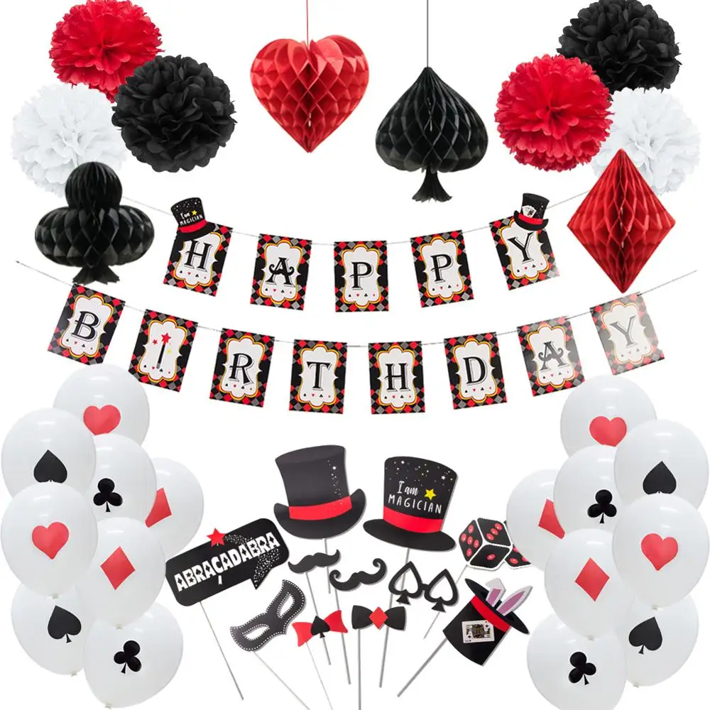 

29pcs Magic Birthday Party Decoration Casino Honeycomb Pom Poms Printed Poker Balloons Happy Birthday Banner Photo Booth Props