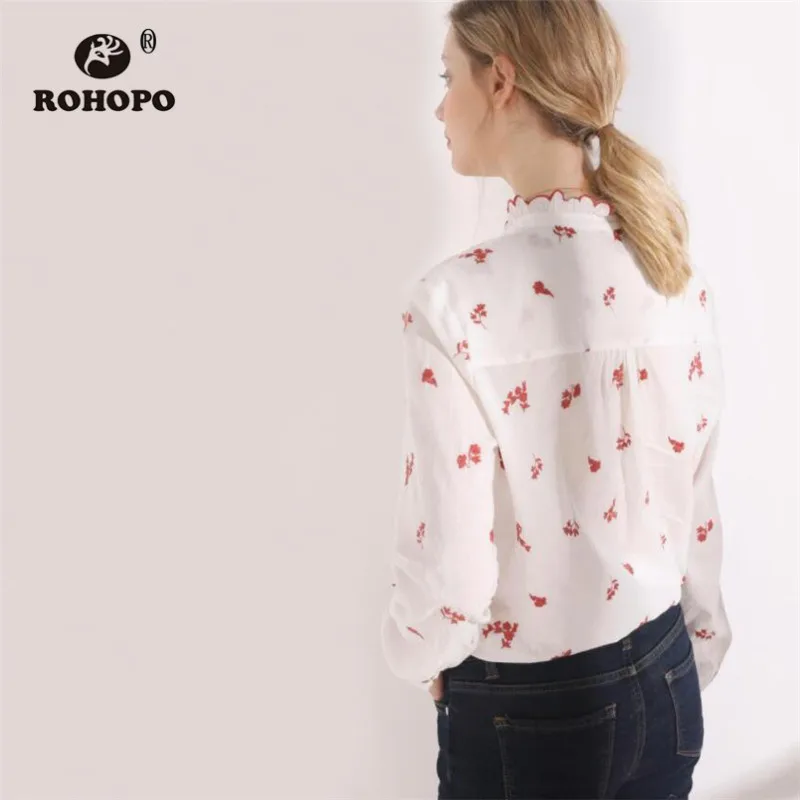 ROHOPO Overlocked Round Collar &amp Cuff Elbroidery Floral White Blouse Long Sleeve Ladies Retro Top Shirt #1331 |