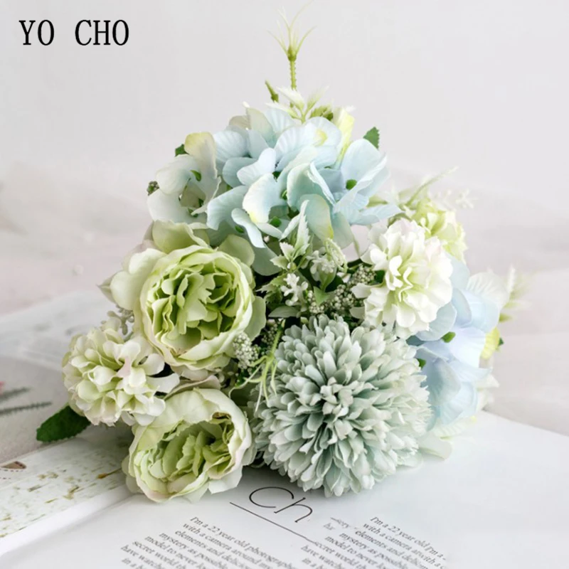 peony-green Йо Чо Свадебный букет Искусственный шелк розовый цветок пиона невесты букет розовая Гортензия помпон бутон ванильный Спайк свадебные принадлежности - Цвет: peony-green