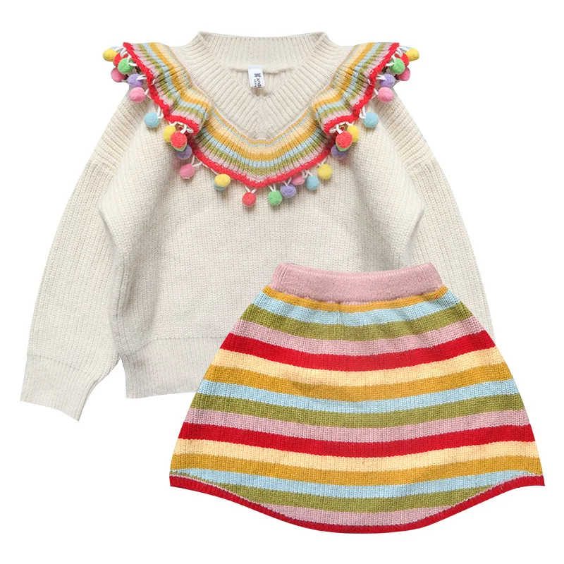 

Toddler girl clothes Fashion Girls sweater-suit 2020 Spring Boutique kids clothing Knitted tops+skirts sets Colorful Baby outfit