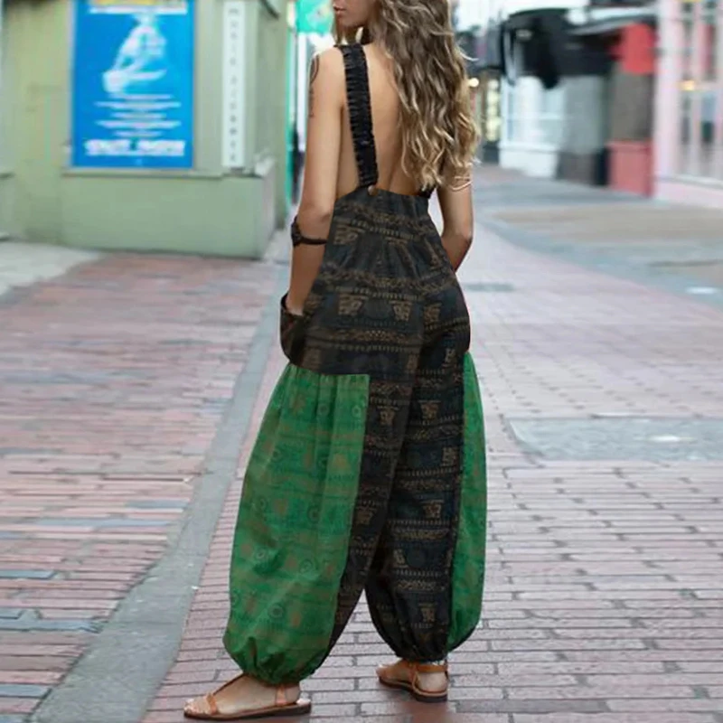 

Vintage Printed Cotton Linen Jumpsuit Overalls Loose Off Shoulder Backless Romper Summer Ladies Elegant Wide Leg Pants Playsuits