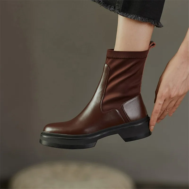 

Winter Women Boots Genuine Leather Splicing Stretch Fabric Boots Round Toe Flat with Large Size 34-43 and Item No. K80-1