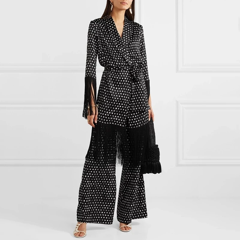 Женские комплекты для подиума в горошек с поясом и кисточками длинное пальто