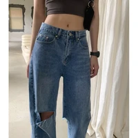 2021 new summer women high waist straight jeans street style casual ripped hole jeans female blue washed loose pop denim pants