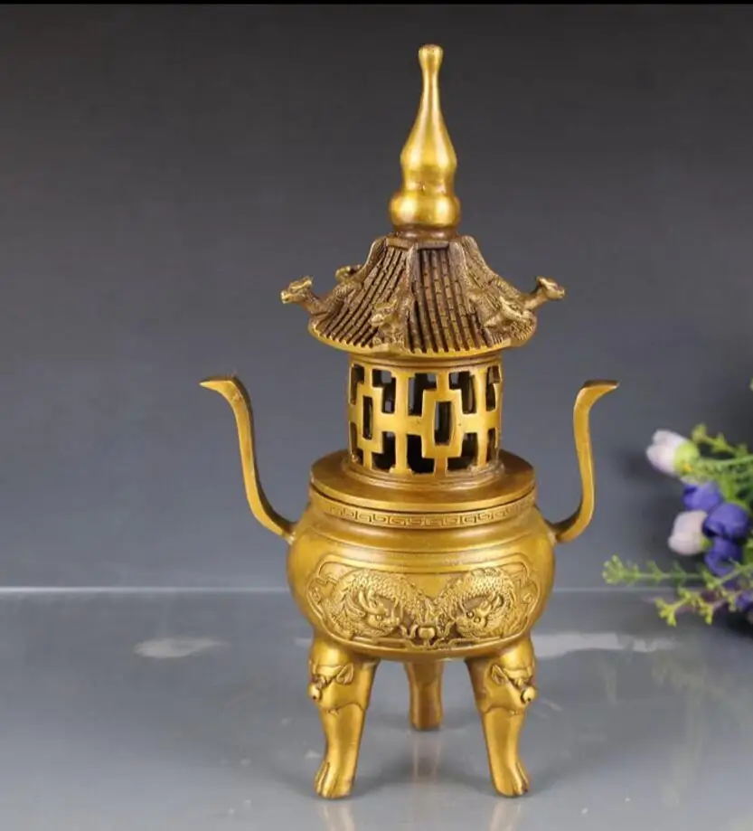 Медная статуя латунь двойной дракон жемчуг башня благовония горелка украшения