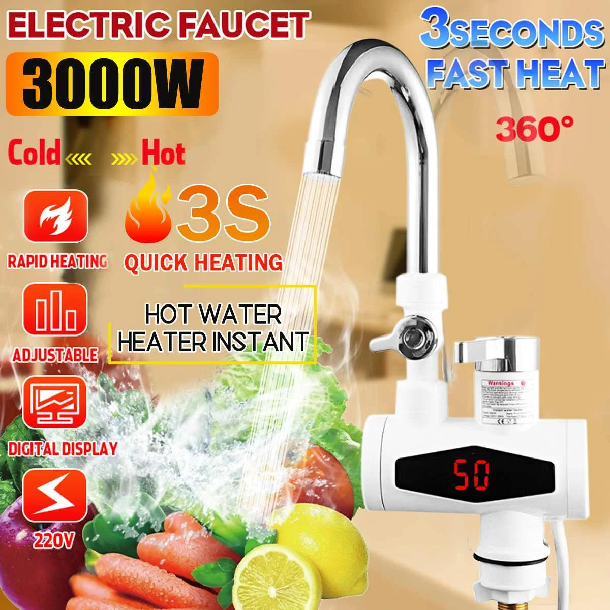 

Электрический водонагреватель 3000 Вт с дисплеем температуры, кухонные водонагреватели с мгновенным нагревом без резервуара, нагревательна...