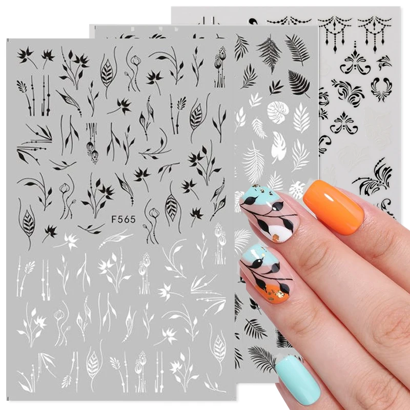 1 лист черный белый цвет стикеры 3D на ногти Nail Art ползунки Цветы Листья Мандала в