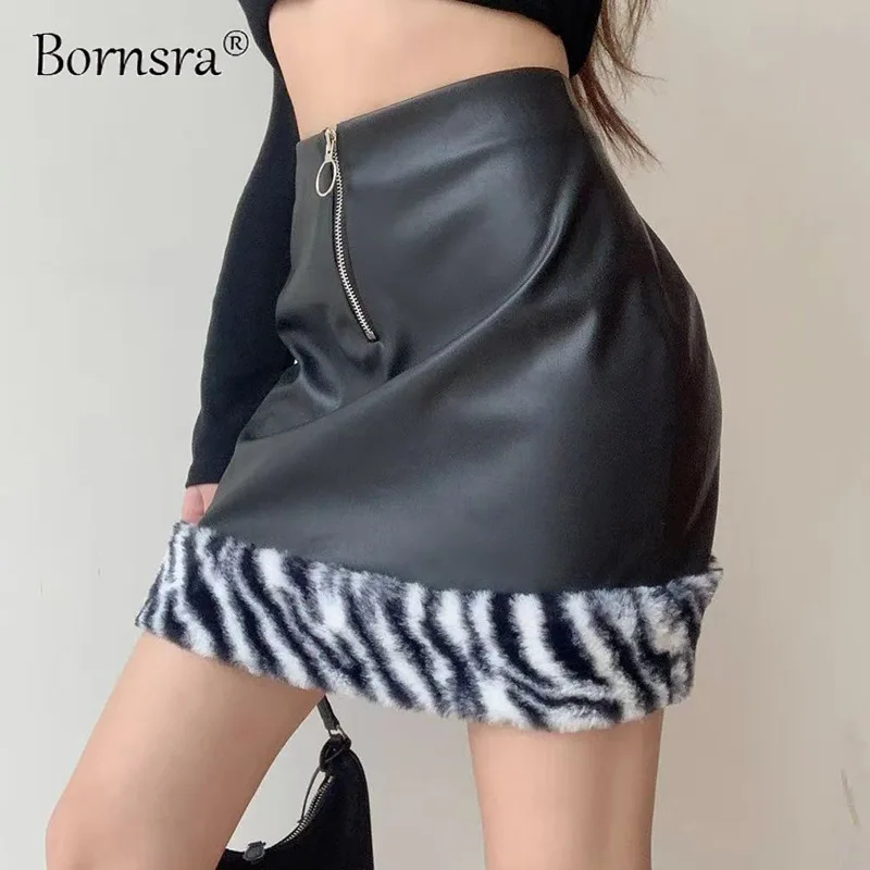 

Bornsra 2021 New Women Short Skirt Fashion Stitching Zipper Leather Skirt Women Bag Hip Skirt