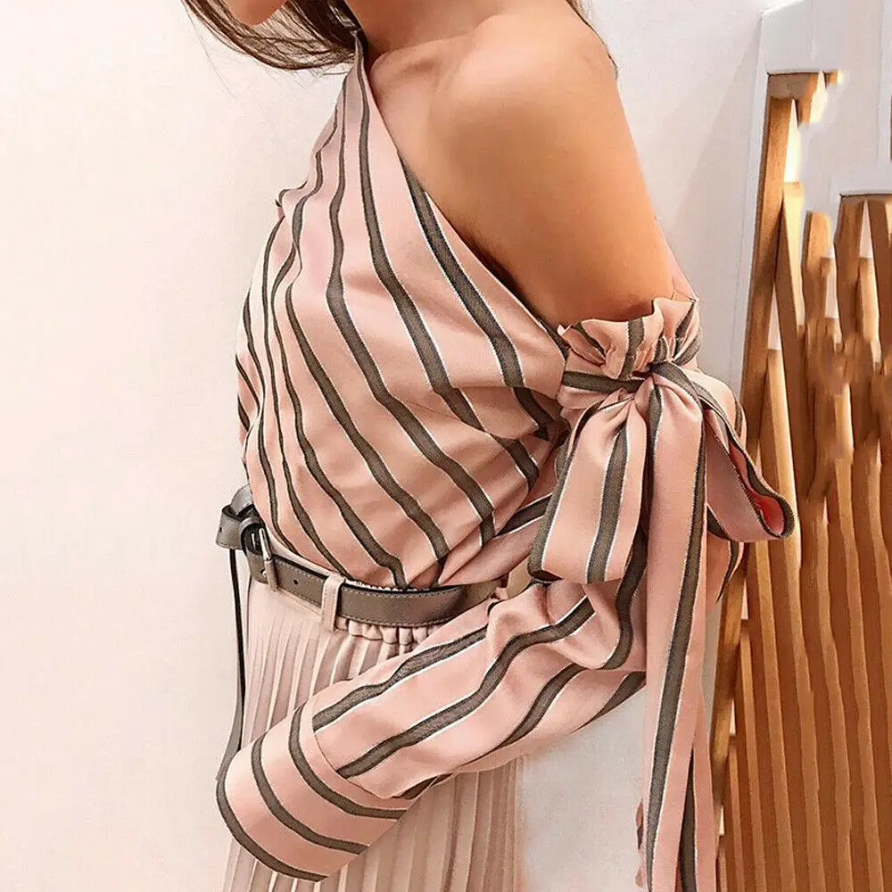 

New Women Girls Casual Striped Blouses Long Sleeve One Shoulder Blouse Tops Fashion Summer Women Clothes Shirts