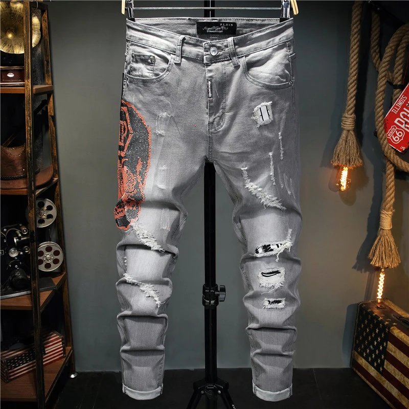 

Джинсы мужские прямые в европейском стиле, брендовые узкие брюки из денима, байкерские штаны с отверстиями, серые