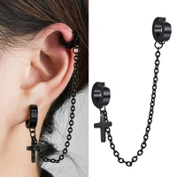 1 pc punk trendy black cross design fake piercing earrings for women brilliant zircon long chain earring party jewelry gift