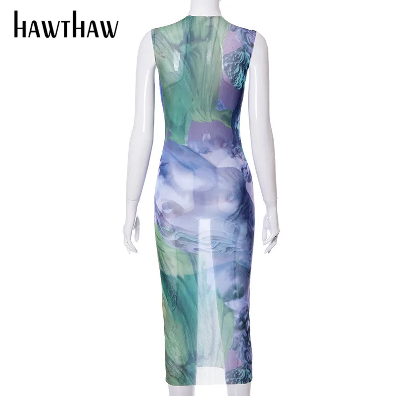 

Hawthaw Women Fashion Summer Sleeveless Printed Mesh See Through Slim Bodycon Dress Sundress 2021 Female Clothing Streetwear