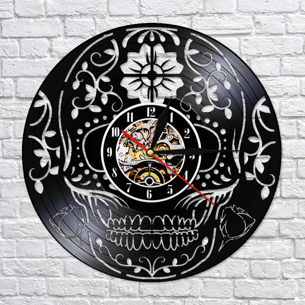 День мертвых виниловых пластинок настенные часы череп вырезанный вручную Día de los