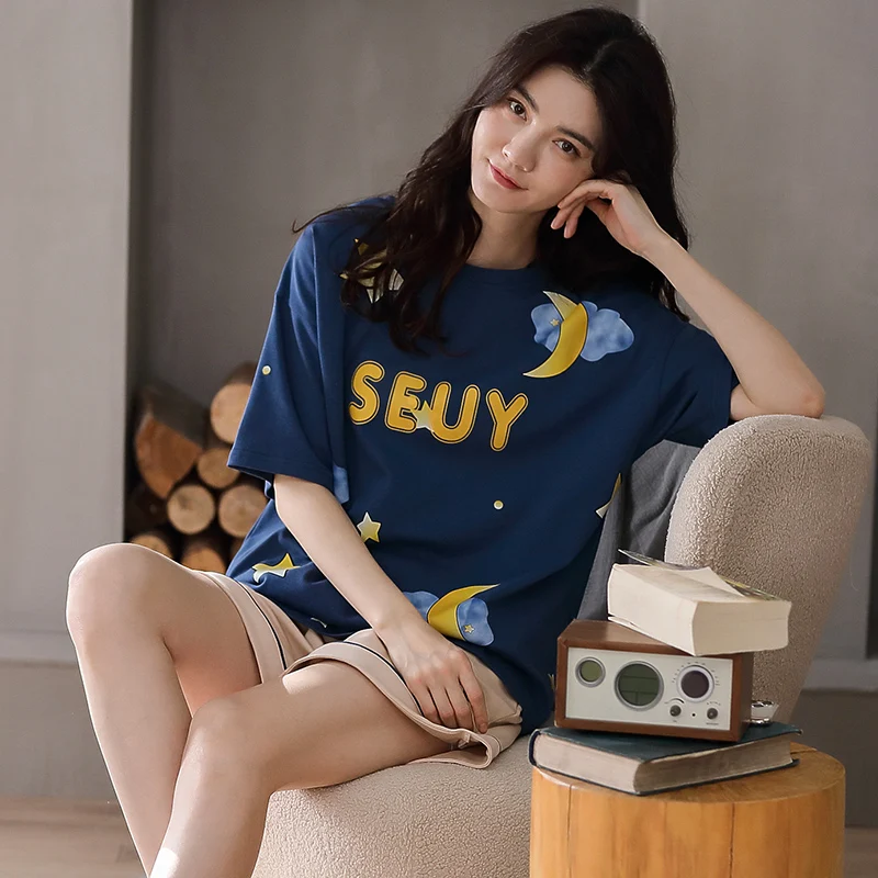 

Летняя женская пижама с коротким рукавом комплекты одежды в Корейском стиле размера плюс синего цвета; Короткий рукав; Домашняя одежда; Мод...