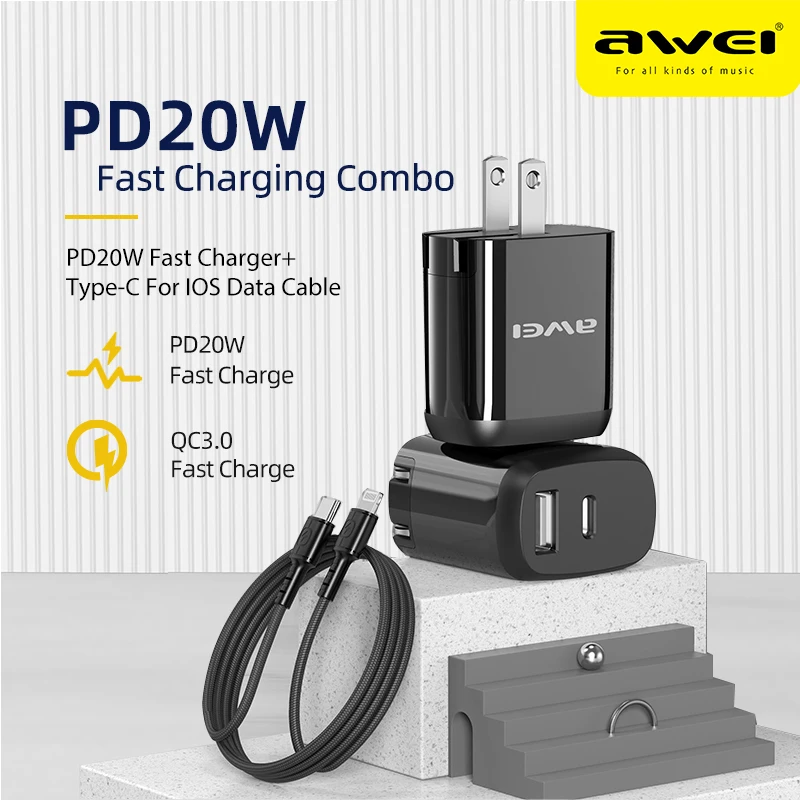 

Зарядное устройство Awei USB C, 20 Вт, поддержка Type C PD, быстрая зарядка, портативное зарядное устройство для телефона для iPhone 12 Pro Max 11 Mini 8 Plus мобиль...