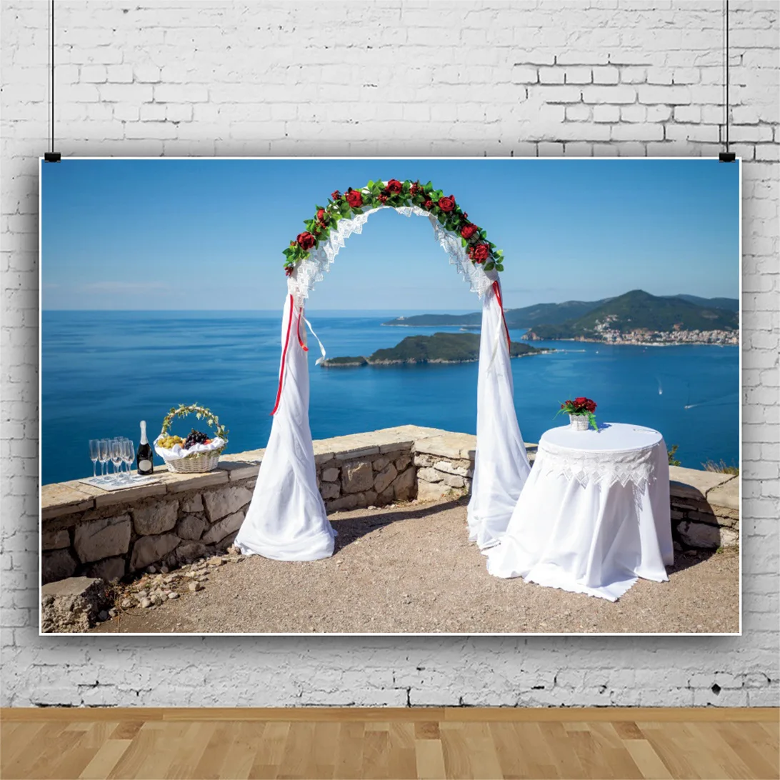 

Romantic Wreath Champagne by the Seaside of the Island Backdrops Portrait Photos Background Decors for Photography Props