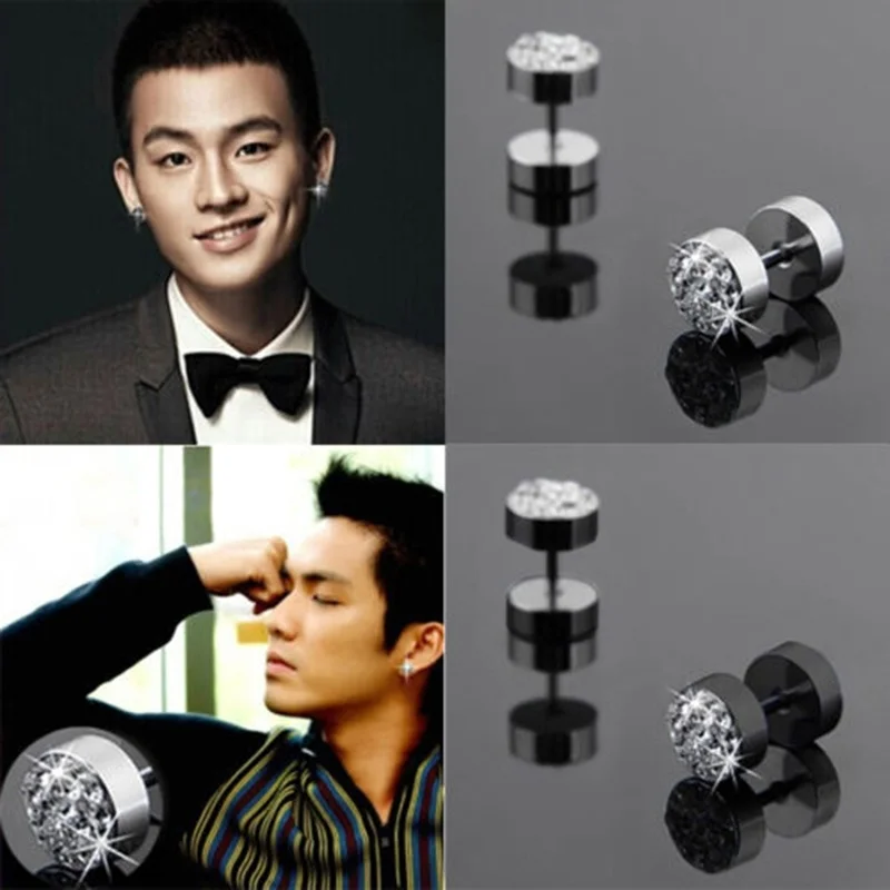 

Hot 1Pair Trendy Round Stainless Steel Crystal Rhinestone Stud Earrings For Men Black/Silver Color Men Barbell Punk Ear Studs