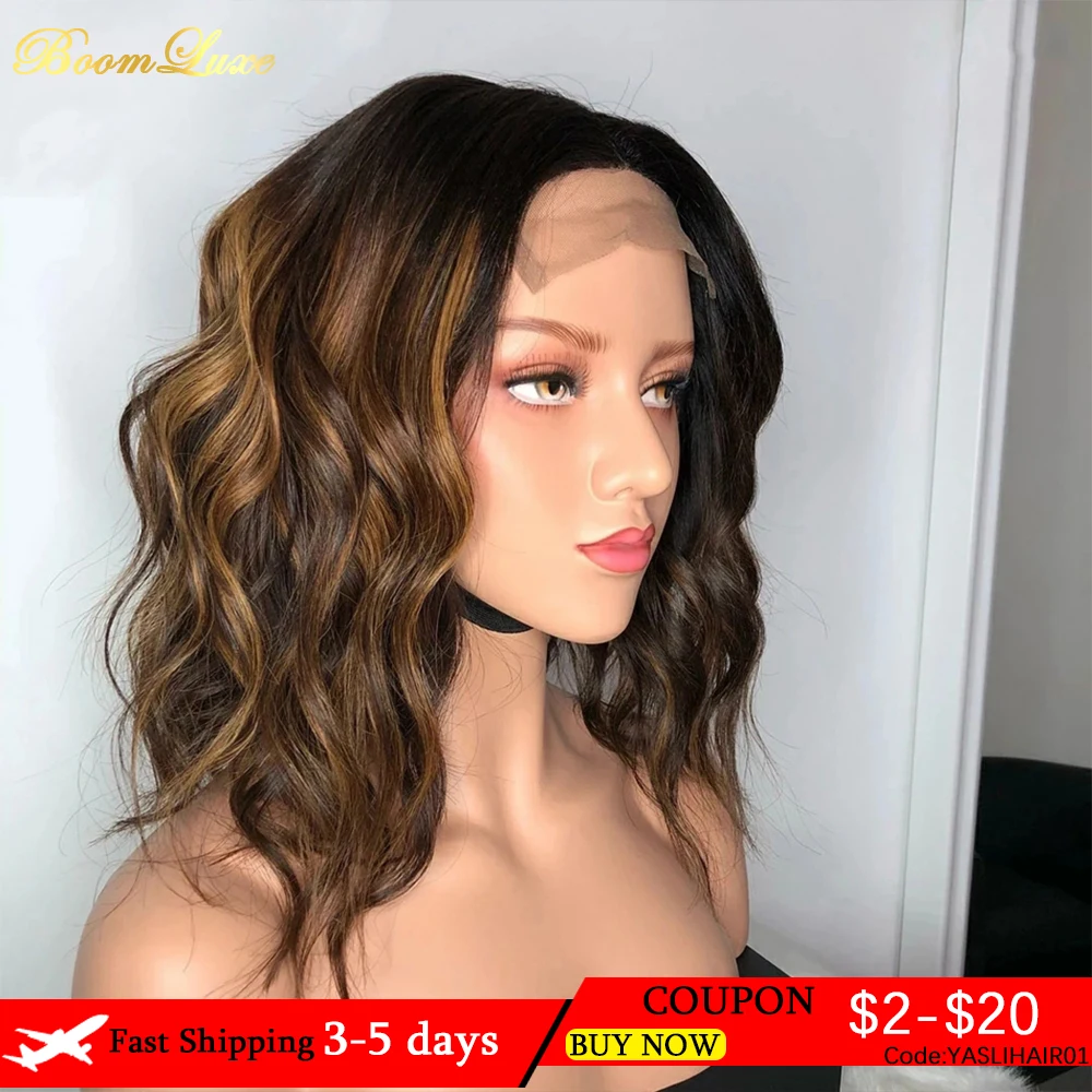 

Brown Highlight Wavy Glueless Wig for Black Women 13X4 Lace Front 150% Density Brazilian Remy Hair T Part Blonde Ombre Short Bob