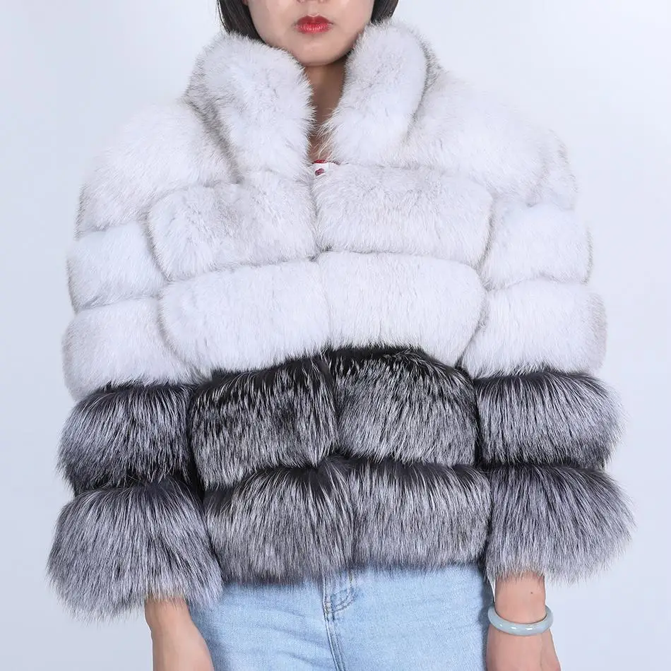 

Vogue New Real Fur Coat Winter Jacket Women Natural Fox Fur Outerwear White Silver Patchwork Outerwear Streetwear Stand Collar