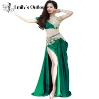 2021 new rhinestone belly dance costume 3 piece oriental dance performance show wear shine bra sexy long skirt with belt green