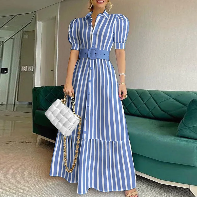 

Vintage Puff Sleeve Women Party Maxi Dress Elegant Striped Office Lady Long Dresses Fashion Turn-down Collar Button Shirt Dress