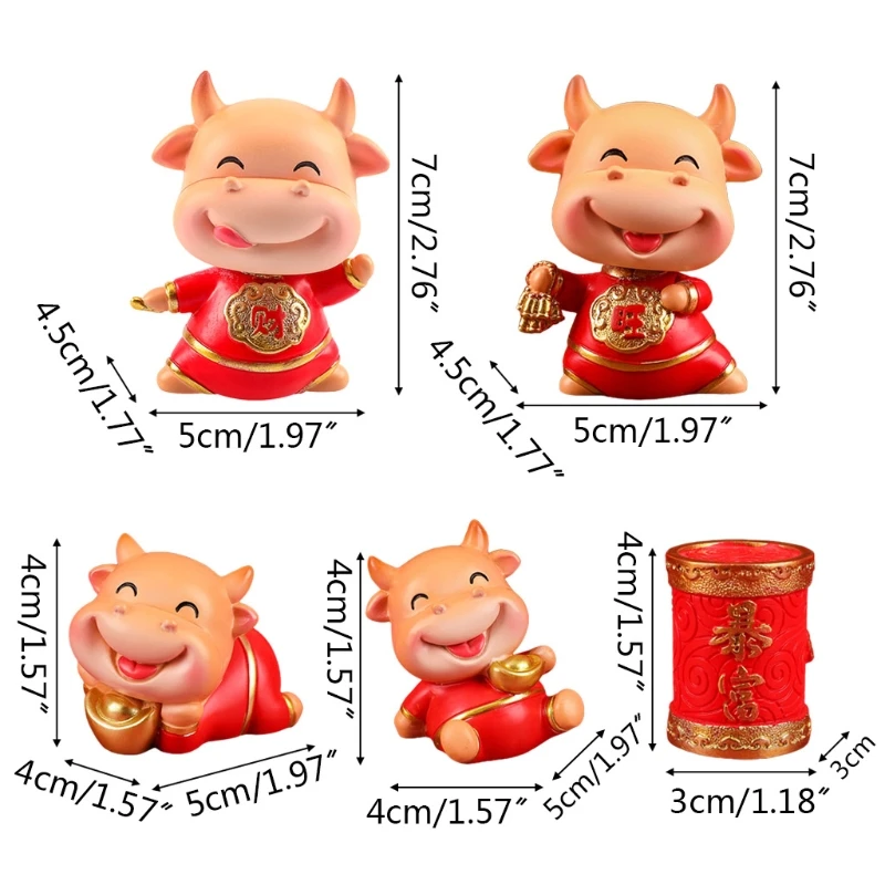 

5 Pcs Ox Mascot Desktop Ornaments 2021 Chinese New Year Resin Collectible Decor