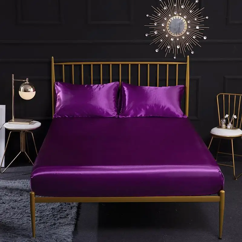 

Navy Fitted Sheet Mattress Cover Burgundy Sheets Silk-like Bed Cover Sheet With Elastic Band Single Queen Size Satin