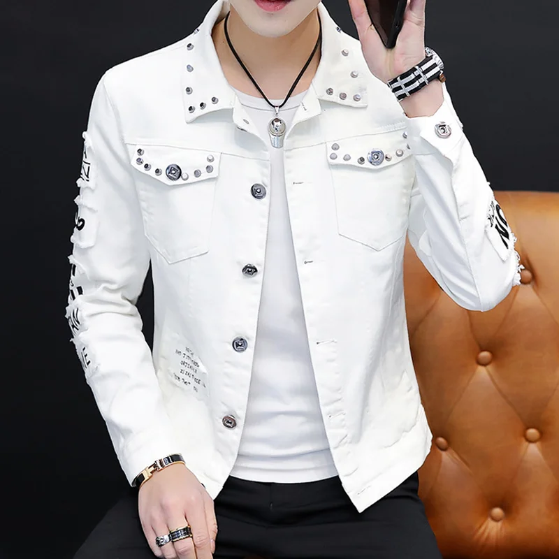 

Spring and autumn new denim jacket fashion street hip hop jacket men's lapel jacket Korean perforated personalized jacket