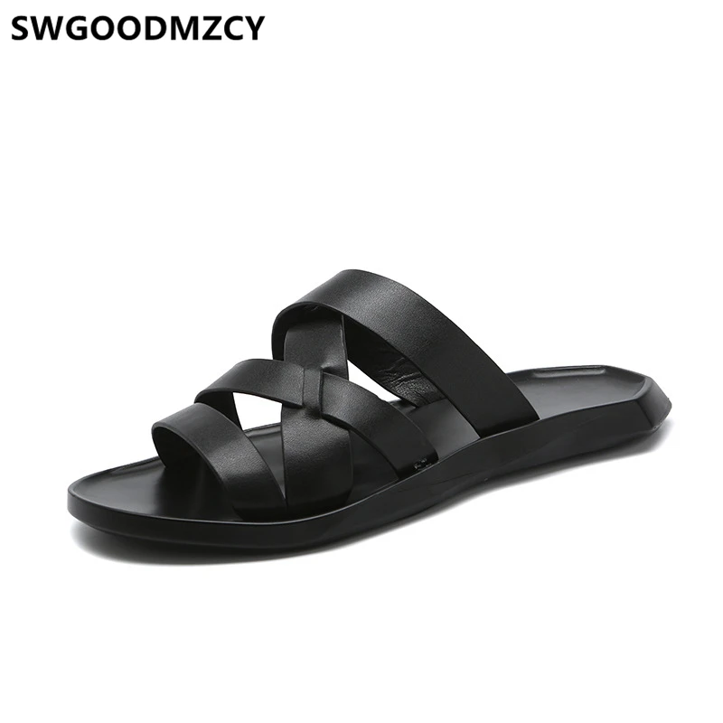 Резиновые тапочки сланцы мужские открытая обувь для улицы Модные кожаные