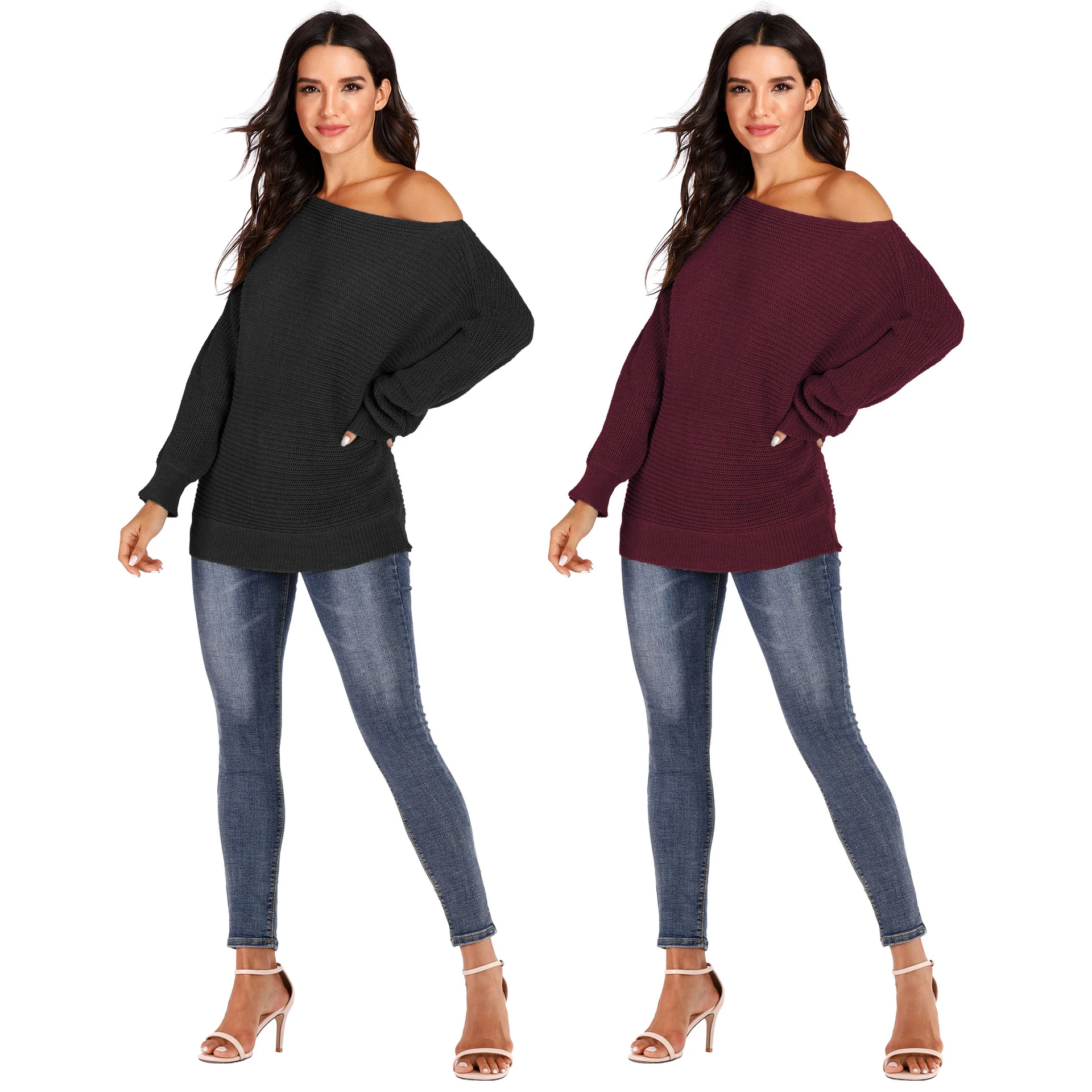 Женский вязаный пуловер PGSD однотонный с рукавами летучая мышь вырезом лодочкой