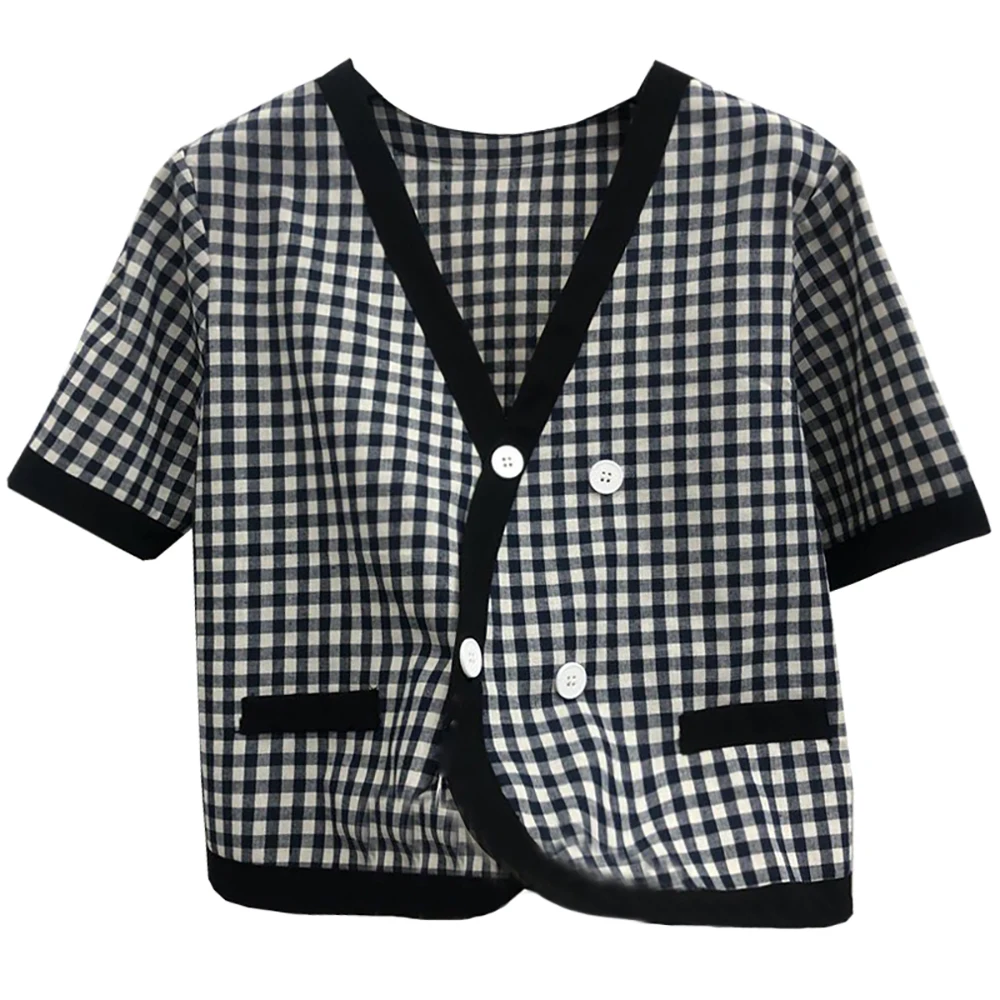 

Fashion Plaid Flax Cotton Women Blouses Casual Elegant Straight Baggy Loose Short Sleeve V-Neck Thin Shirts Button Up Summer Top