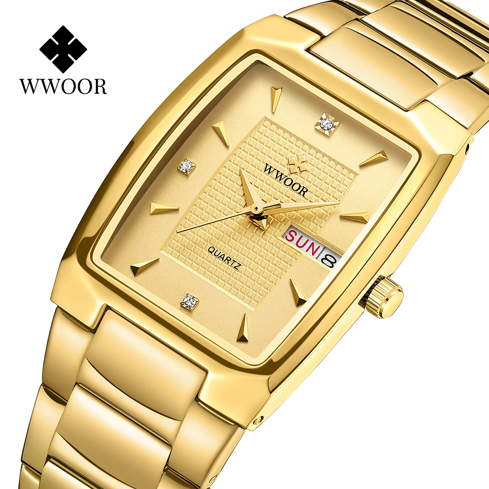 

WWOOR Luxury Gold Stainless Steel Quartz Men's Watch 2021 3ATM Waterproof Sports Automatic Date Display Clock Male Reloj Hombre