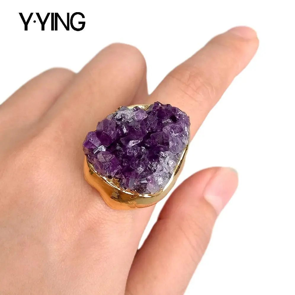 

Y.YING Natural Amethsyts Druzy rough Cluster Freedom Shape Gold color Electroplated Ring Adjustable