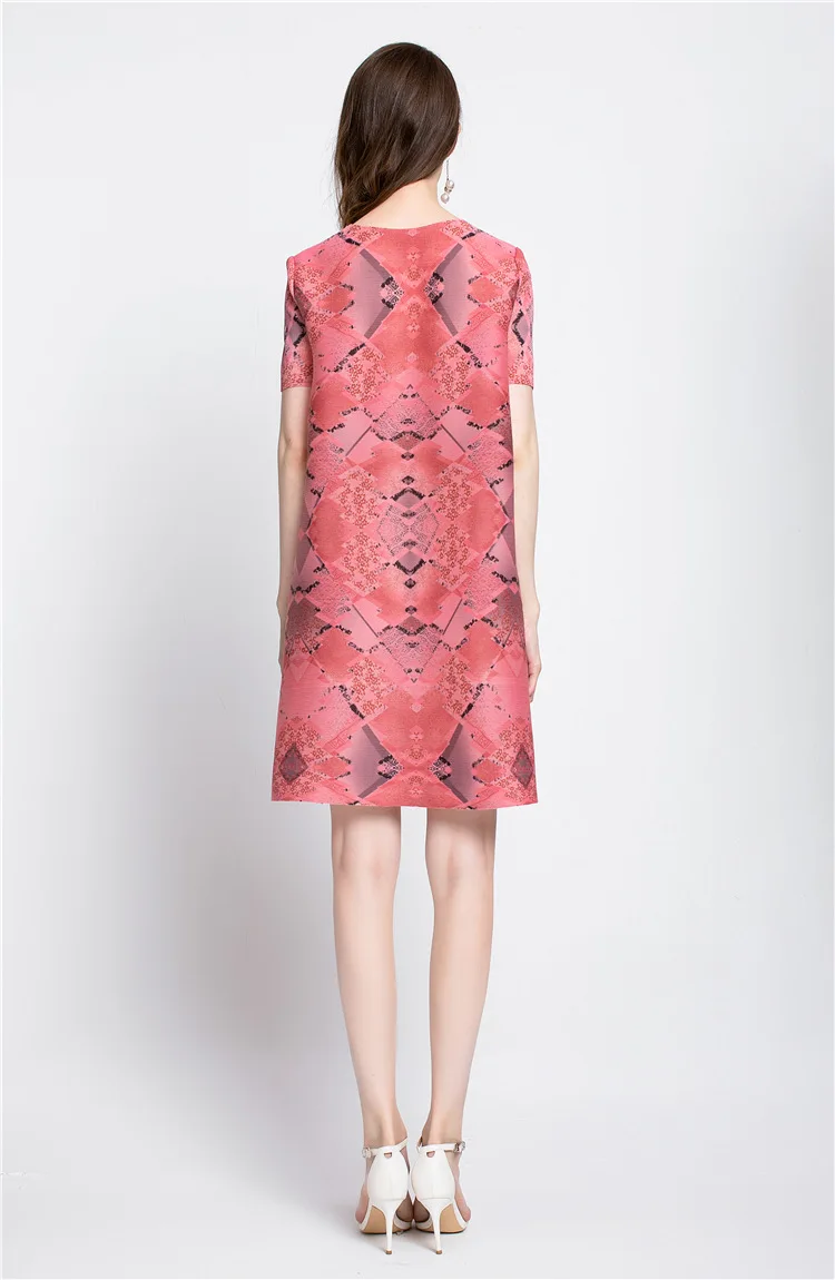 

HOT SELLING Miyake fold O-NECK Ink grid digital print dress the short sleeve straight dress IN STOCK