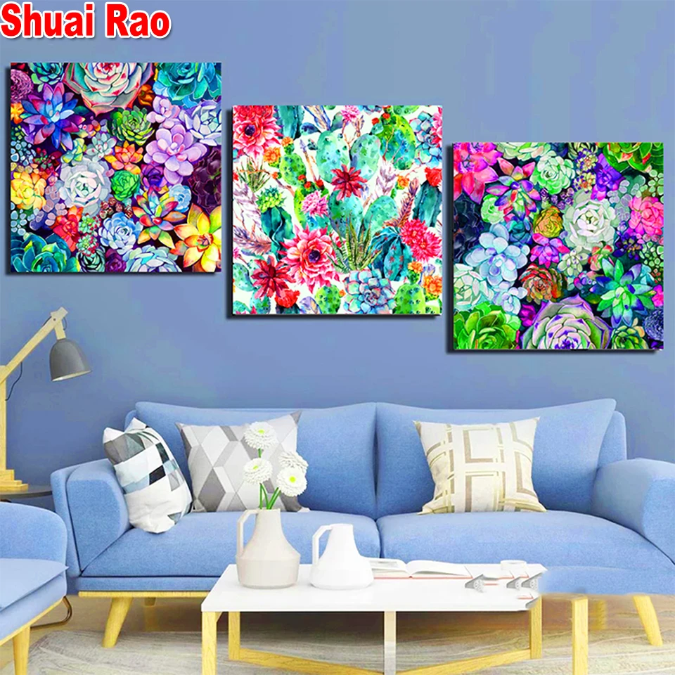 

3 pieces Succulent flowers 5D Diy diamond painting cross stitch full square round drill diy embroidery triptych Restaurant Art