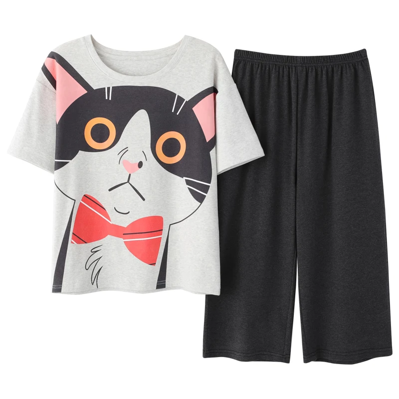 

Cotton Women Pajamas Set Casual O-Neck Short Sleeve Shorts Sleepwear Summer Clothes Kawaii Cartoon Little Cat Avatar Nightwear
