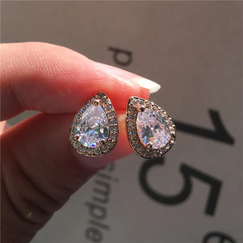 

Luxury Female Crystal White Zircon Stud Earrings Boho Rose Gold Color Double Earrings Vintage Wedding Earrings For Women