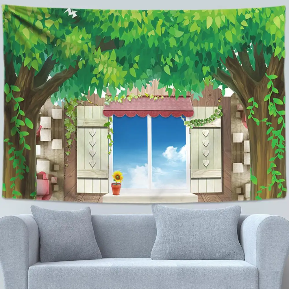 Anime Forest Tree Tapestry Living Room Decorative Wall Hanging Boho Dorm Decor Green Leaves Plant Hippie Psychedelic Tapestries | Дом и сад
