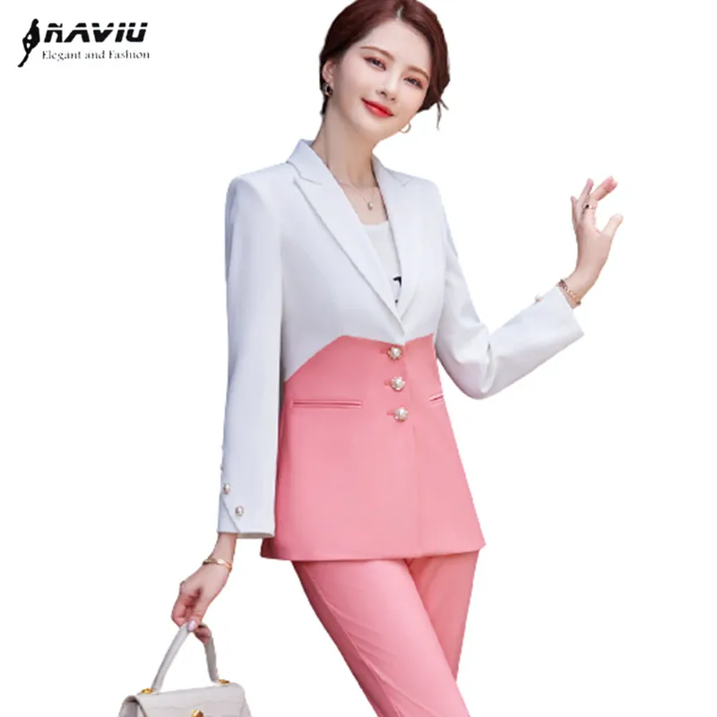 

Casual Suits Women 2021 New High End Temperament Professional Fashion Patchwork Slim Blazer And Pants Office Ladies Work Wear